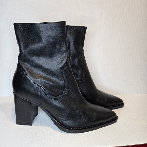 MANGO MNG NEW Black Leather Block Heel Ankle Boots Size 40 US 9.5 - Picture 2 of 10